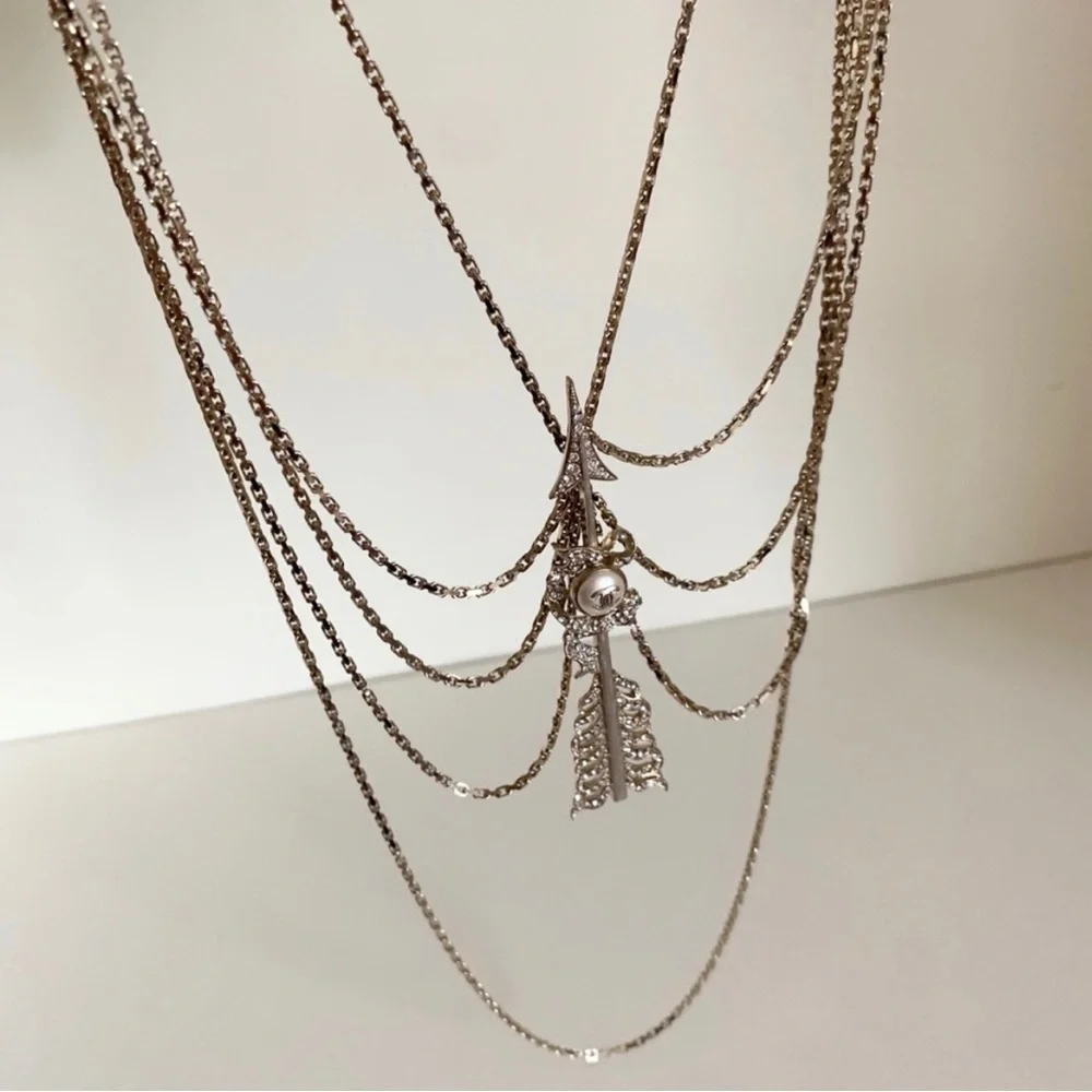 CHANEL Crystal Pearl Multi Strand Chain CC Arrow Necklace Gold - Picture 15 of 16